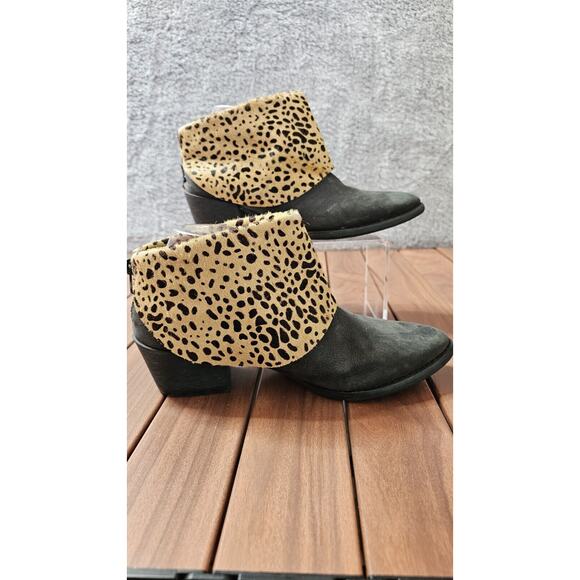 ALL‎ BLACK Leather Ankle Booties Boots Leopard Calf Skin Fold Down EU 39 US 8.5 - Picture 1 of 6